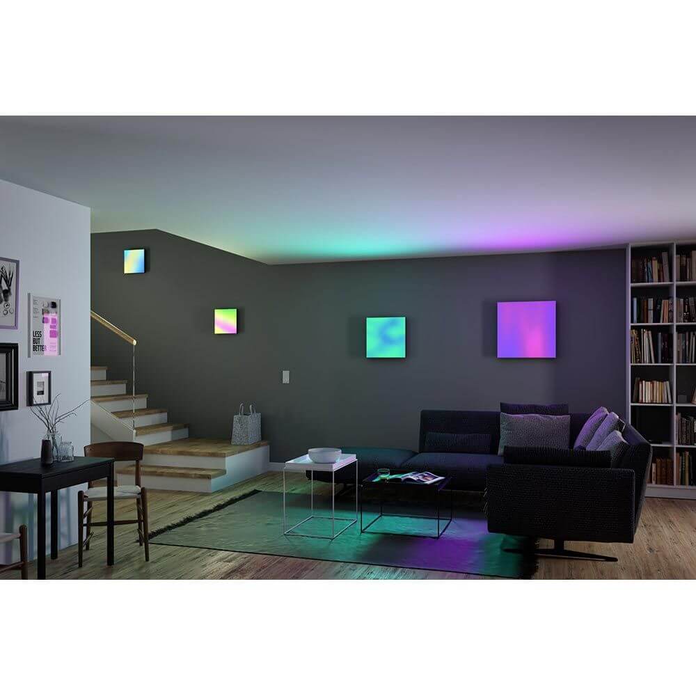 Velora LED Rainbow Panel RGBW Dynamisch Weiß 59x59cm in modernem Wohnraum mit spektakulären Lichteffekten.