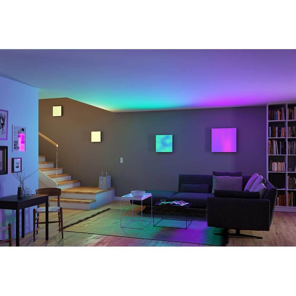 Moderne Wohnraumgestaltung mit Velora LED Rainbow Panel RGBW Dynamisch Weiß 59x59cm und spektakulären Lichtakzenten.