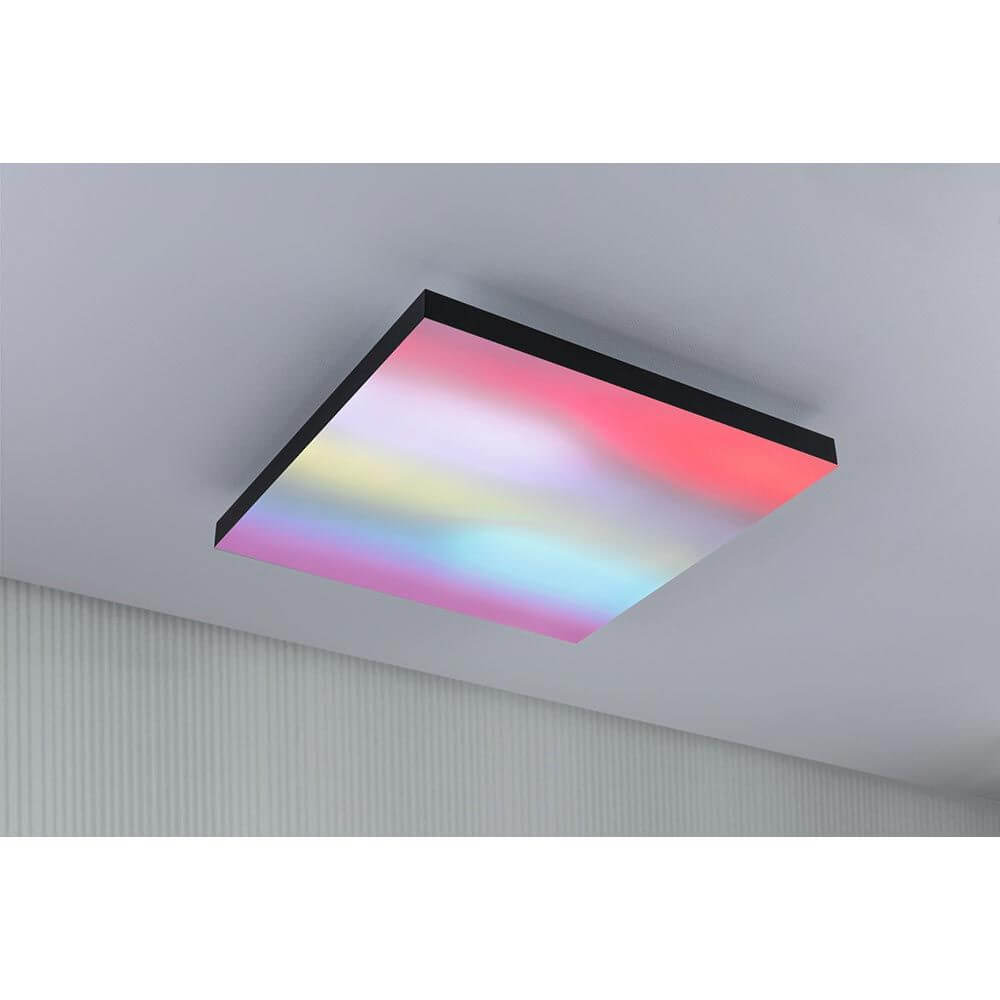 LED Panel Velora Rainbow RGBW Dynamisch Quadratisch Schwarz über Kopf montiert mit spektakulären Farbwechsel-Effekten.