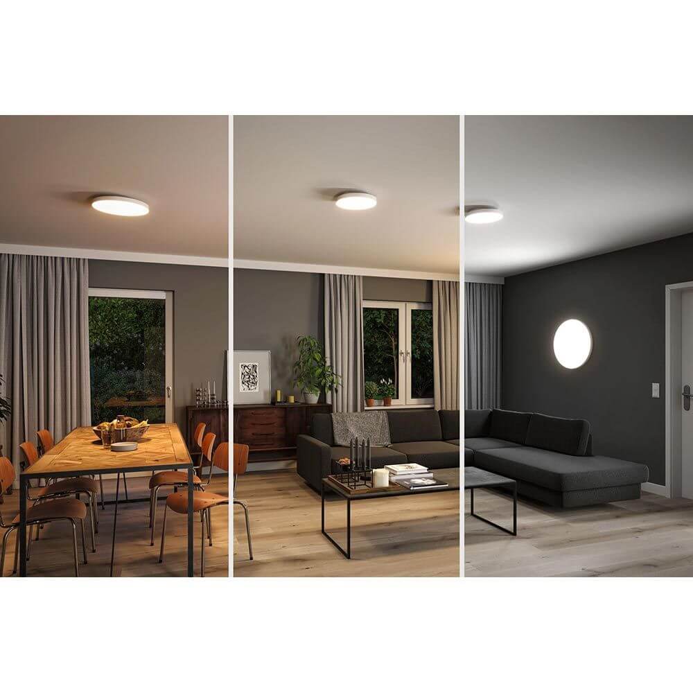 LED Aufbaupanel Velora Dim-to Warm CCT in modernem Wohnraum, an Decke und Wand montiert.