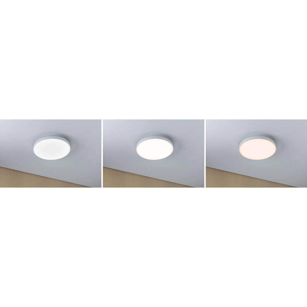 LED Aufbaupanel Velora Dim-to Warm CCT in drei Lichtmodi an Decke montiert, ultraflaches Design.