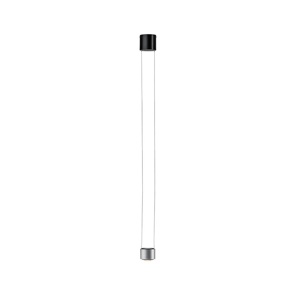 LED Pendelleuchte Aldan Schwarz, Alu-Gebürstet Lampenschirm aus klarem Glas mit schwarzem und silbernem Ende.