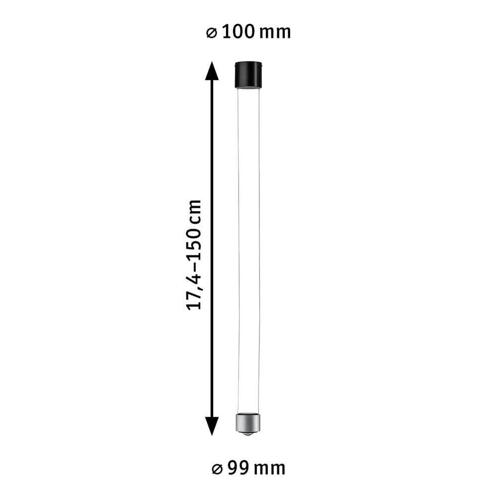 Maße der LED Pendelleuchte Aldan Schwarz, Alu-Gebürstet: Ø 100 mm, 17,4-150 cm Länge.
