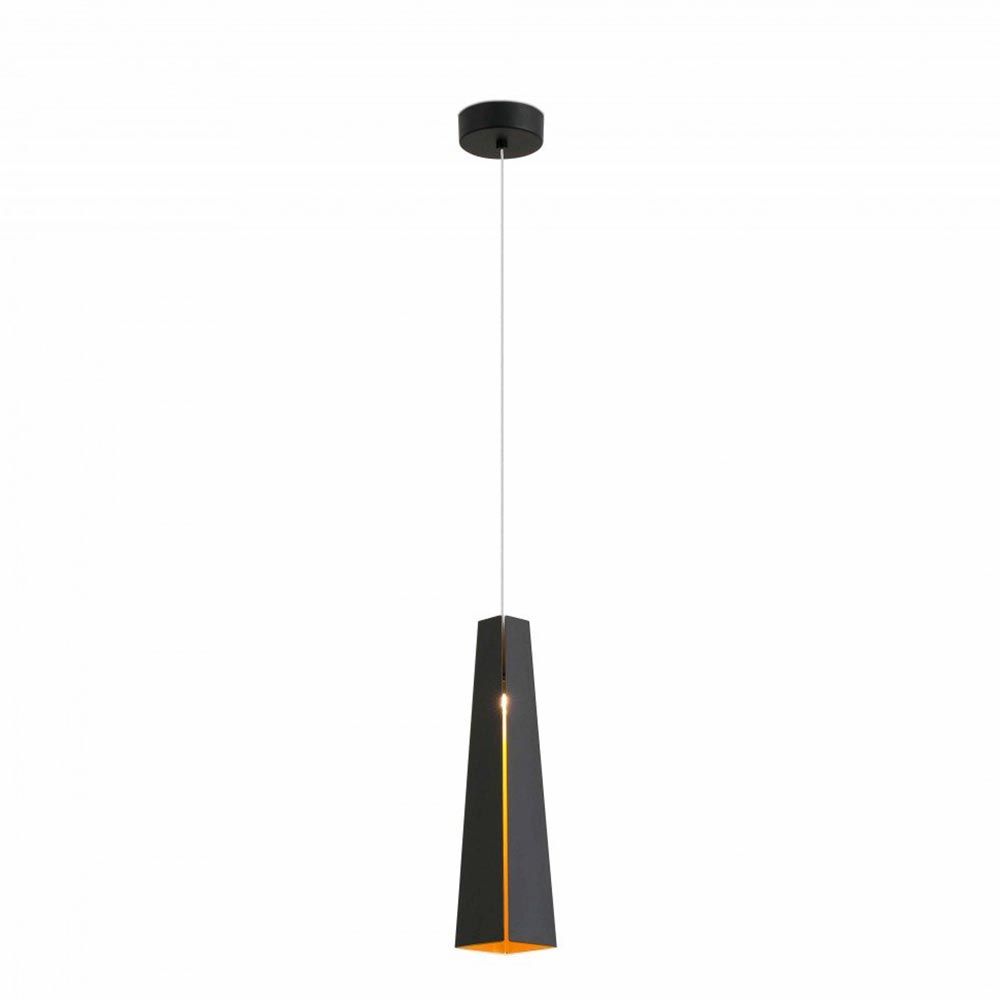 LED Pendelleuchte PLUMA 6W 3000K Schwarz, Goldfarben an der Decke hängend mit modernem Design.