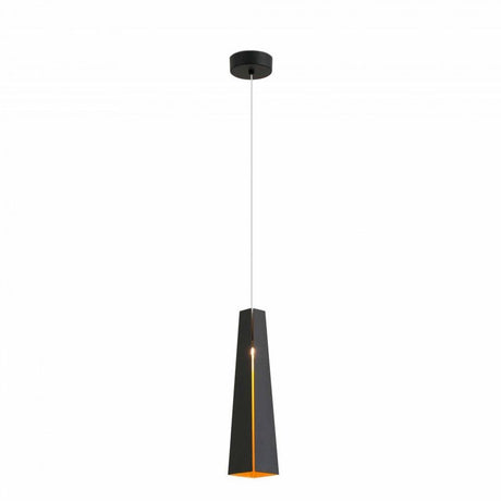 LED Pendelleuchte PLUMA 6W 3000K Schwarz, Goldfarben an der Decke hängend mit modernem Design.