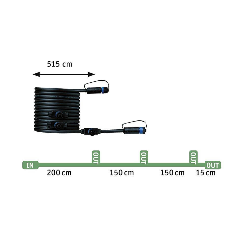 LED Plug & Shine Gartenstrahler Sting Erweiterungsset Anthrazit IP67 – Kabelbild mit 515 cm Länge und Anschlüssen.