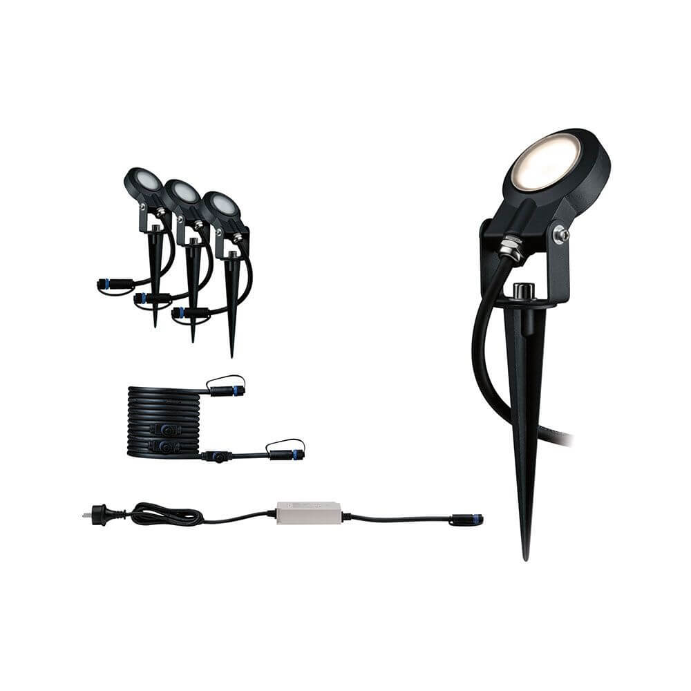 LED Plug & Shine Spot Sting Basisset Dimmbar IP67 24V 3000K 3x6W Starterset mit drei Erdspießen und Trafo.