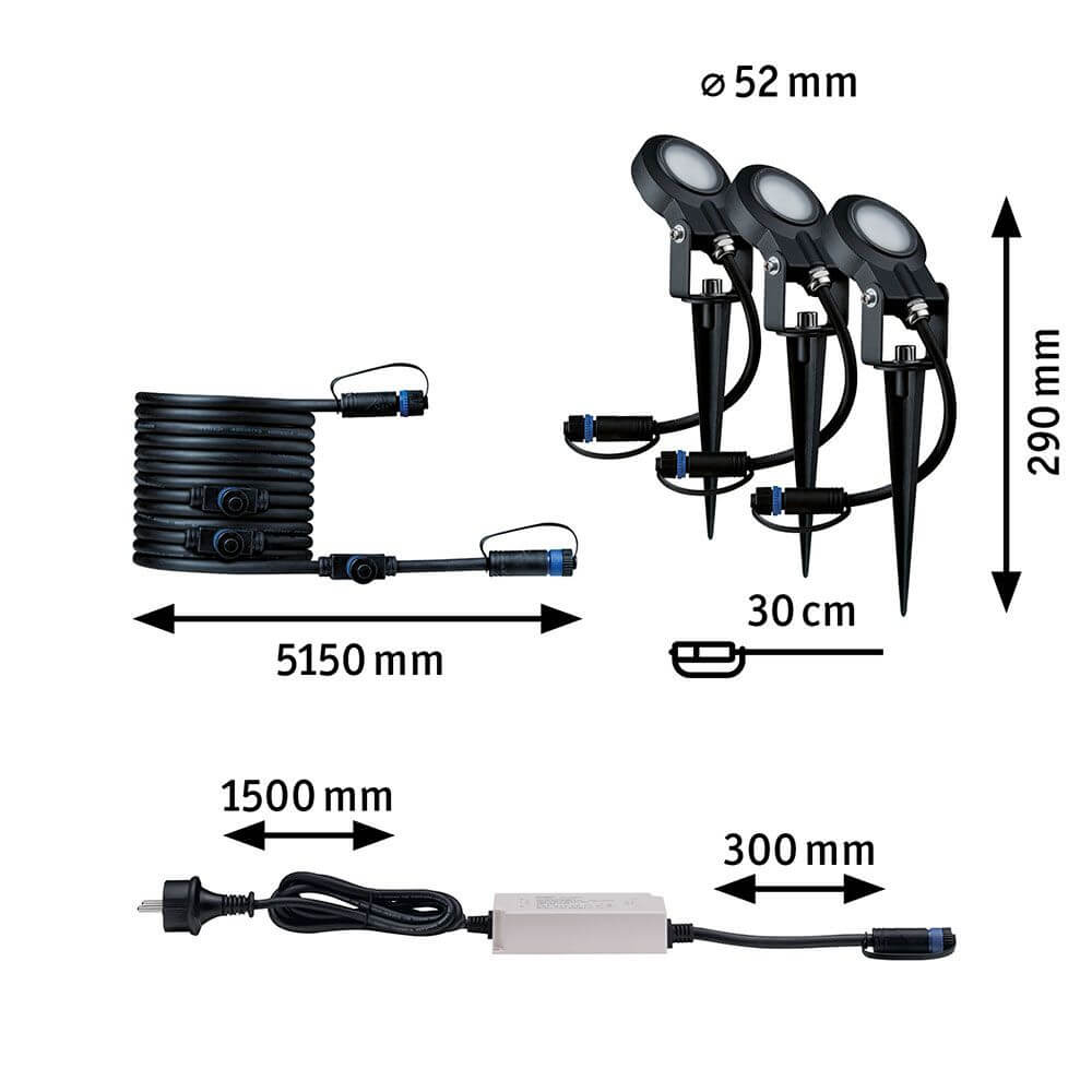LED Plug & Shine Spot Sting Basisset Dimmbar IP67 24V 3000K 3x6W Set mit drei Spießen, Trafo und Kabel.
