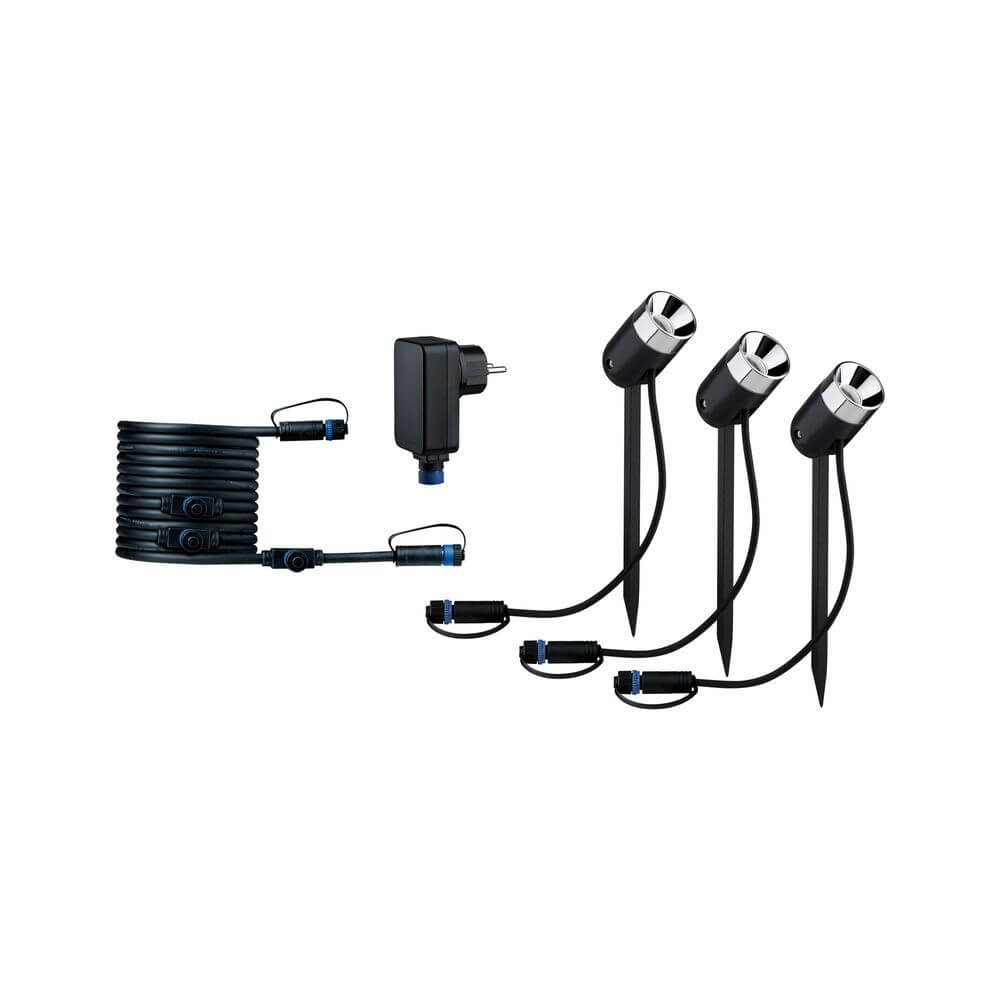 LED Plug & Shine Basis-Set SpotlightPike 5m Kabel + Trafo 24V mit drei Erdspießen und Trafo für Gartenbeleuchtung