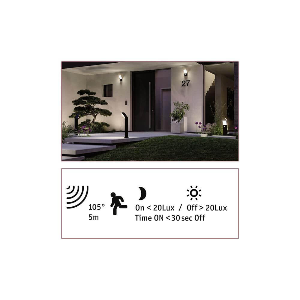 LED Sensor- Pollerleuchte Adya Anthrazit IP54 mit Bewegungsmelder und Lichtsteuerung am Eingang.