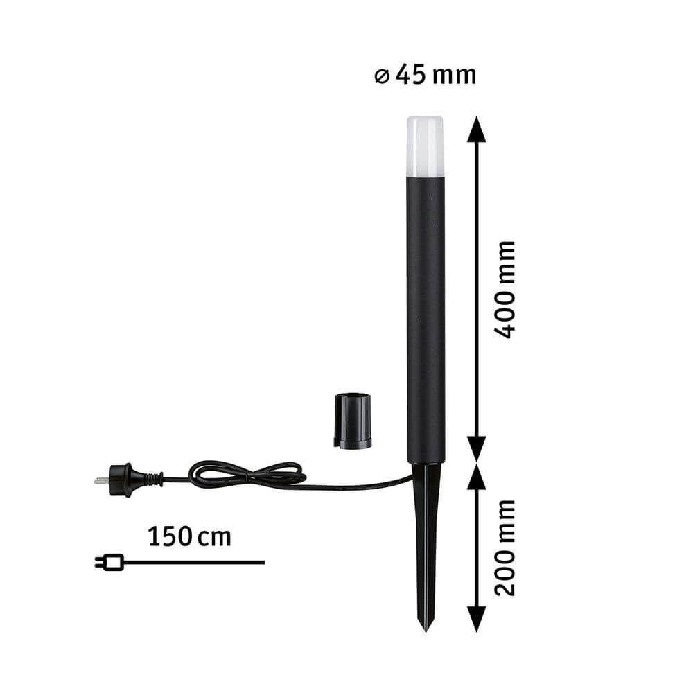 LED Pollerleuchte Flarea 40cm Schwarz Metall IP65 mit Maßen und Anschlusskabel.