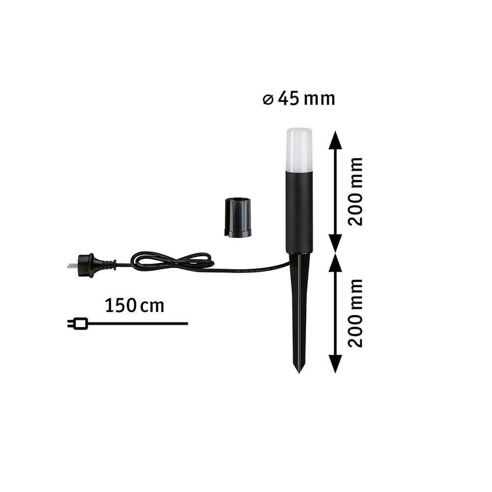 LED Wegleuchte Flarea Schwarz Alu 20cm IP65 mit Kabel und Größenangaben für die Installation.