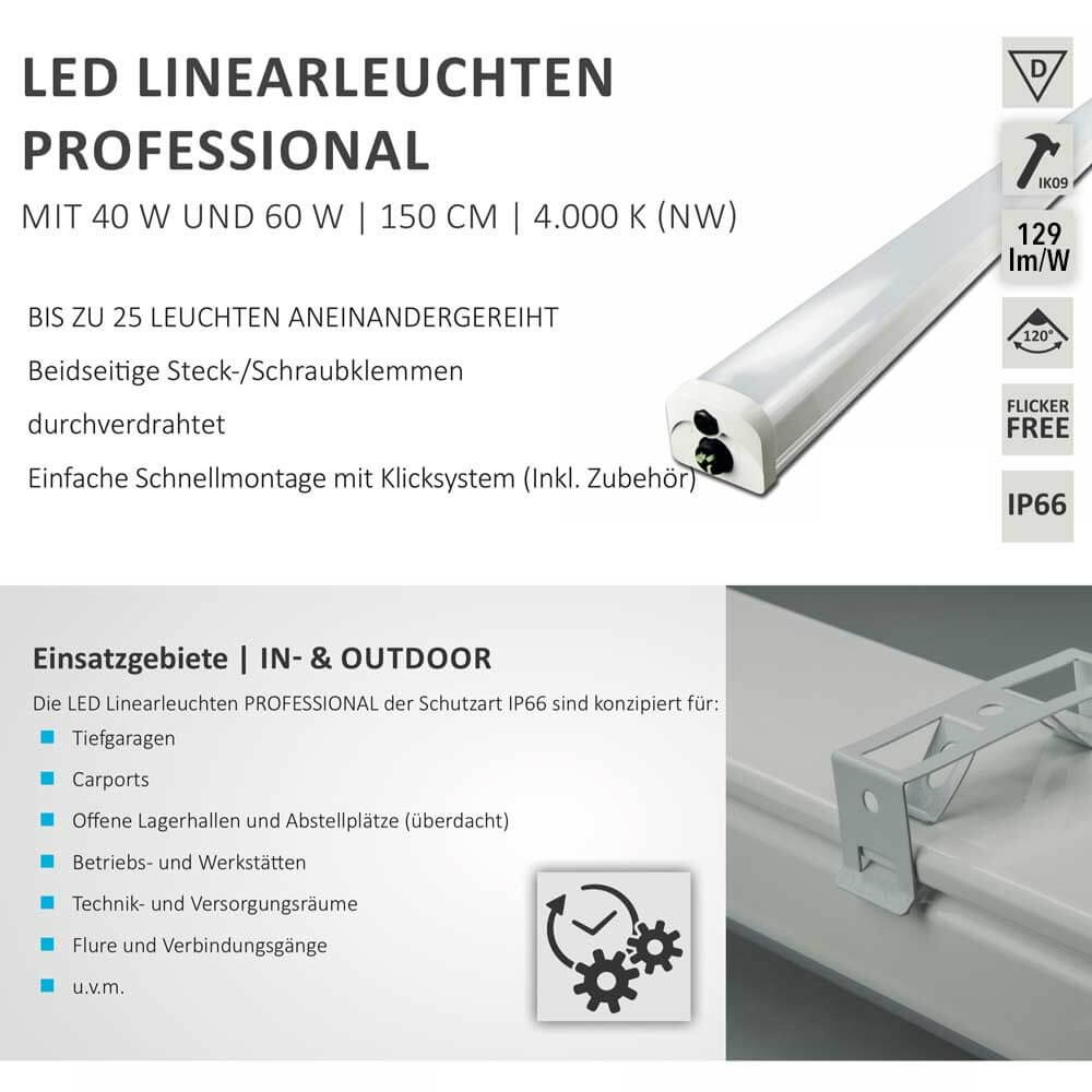 LED Linearleuchten Professional 150cm 4000K IP66 für Innen- und Außenanwendungen, robust und einfach montierbar.