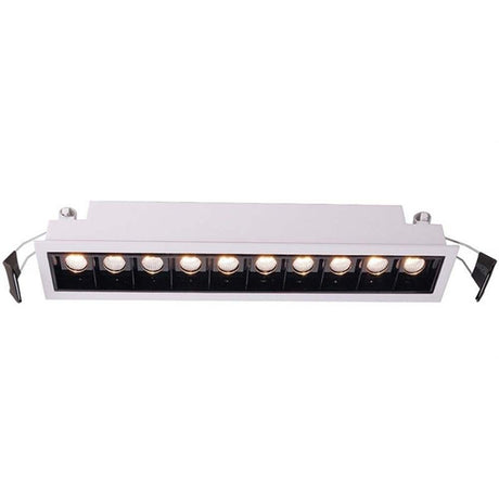 Moderne LED Raster-Einbaulampe mit 10x2W Leuchten, weiß-matt, warm-weiß Licht, Reflektor schwarz.