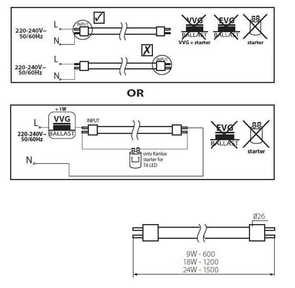 LED-Röhre High Power 9W 60cm Neutralweiß Anschlussdiagramm und technische Spezifikationen