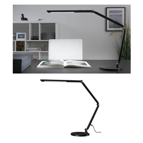 Schwarze LED Schreibtischleuchte FlexBar mit flexiblem Arm und dimmbarer Lichtfarbe auf einem modernen Schreibtisch.