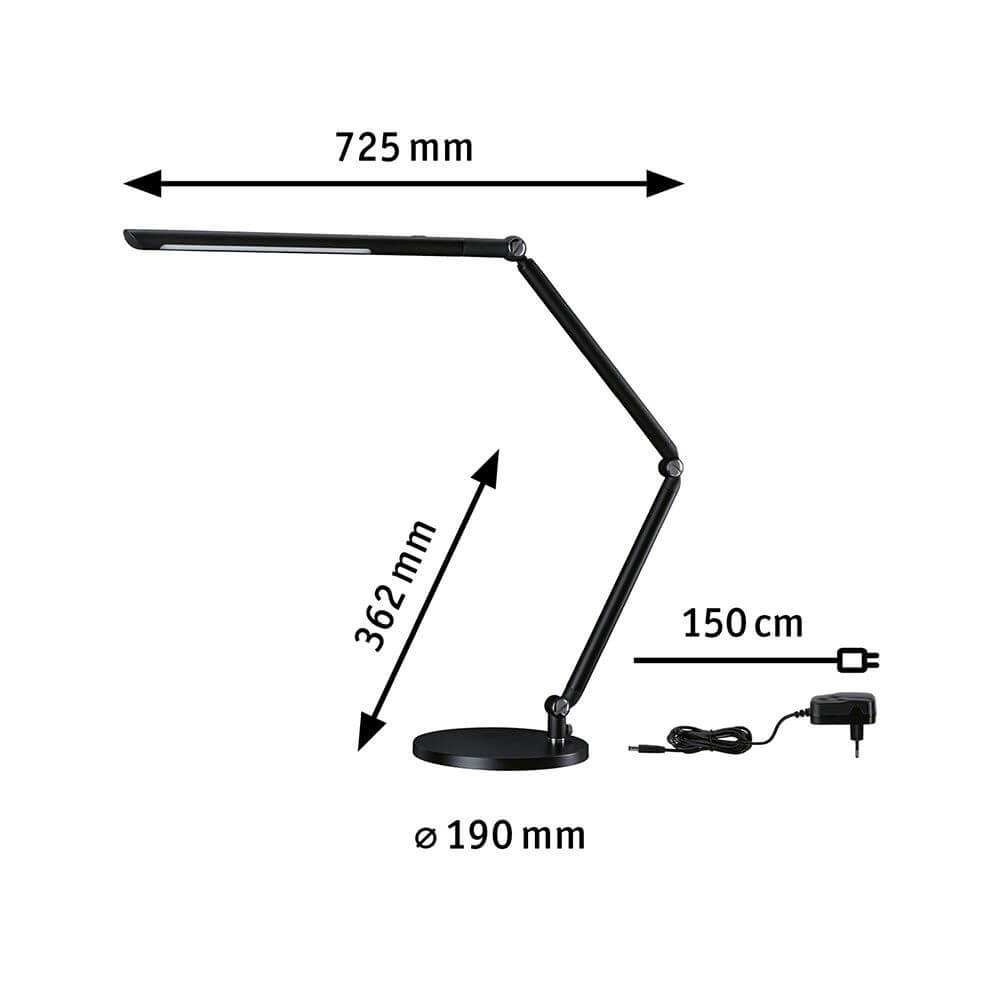 LED Schreibtischleuchte FlexBar in Schwarz mit flexiblen Gelenken und Dim-to-Warm Funktion, Abmessungen: 725mm x 362mm.