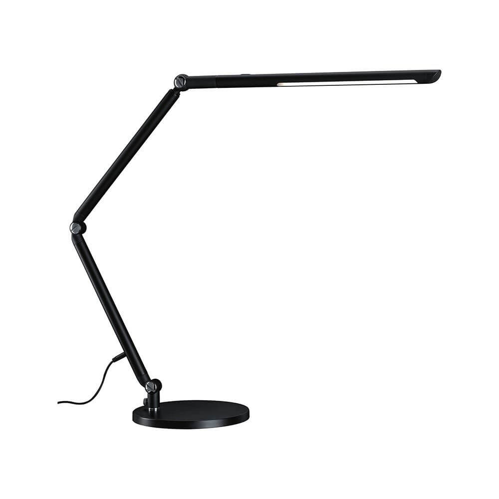 Schwarze LED Schreibtischleuchte FlexBar mit verstellbarem Arm und Dim-to-Warm CCT Funktion.