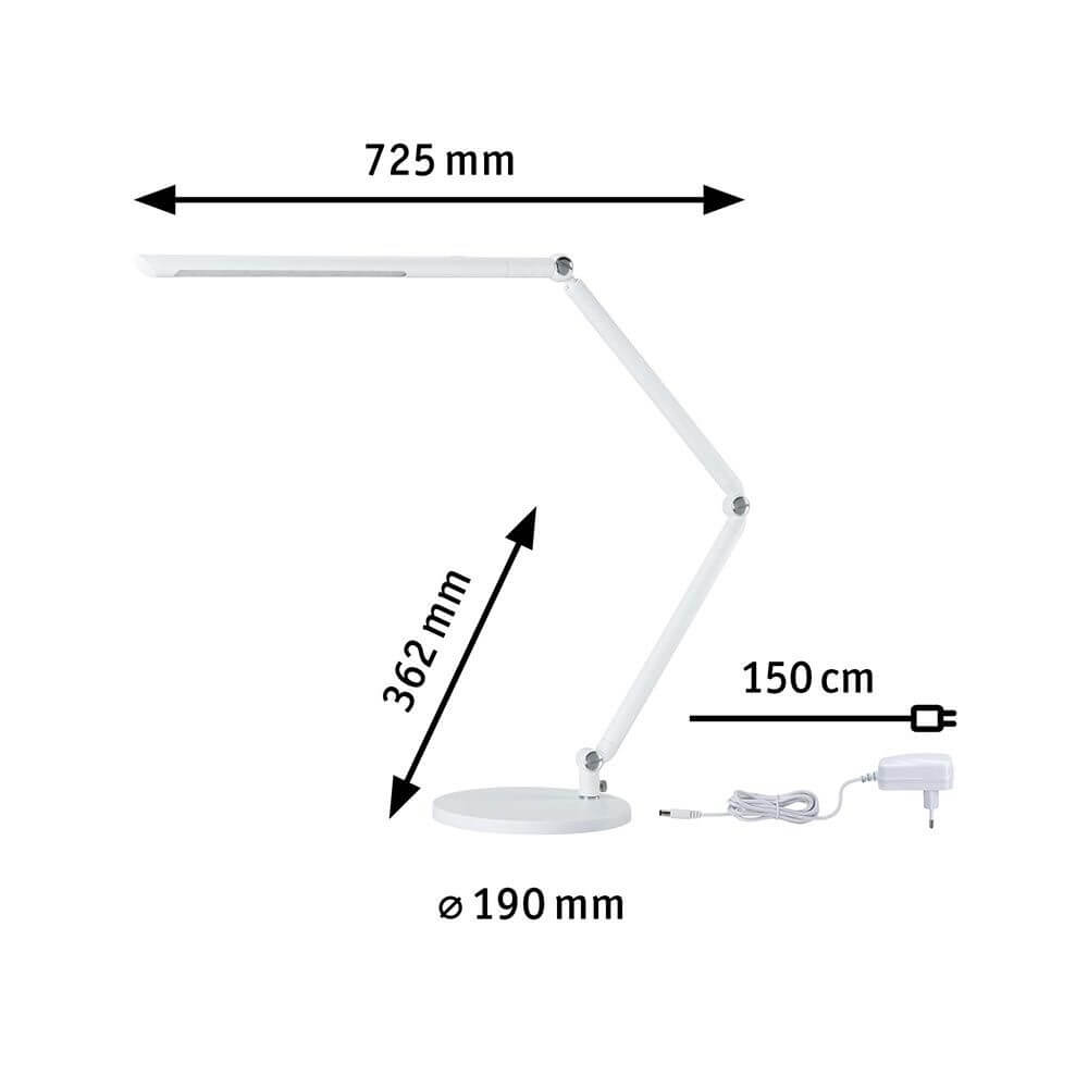 Maßzeichnung der weißen LED Schreibtischleuchte FlexBar mit Flexarm und Dimmer, Maße: 725 mm x 362 mm x Ø 190 mm.