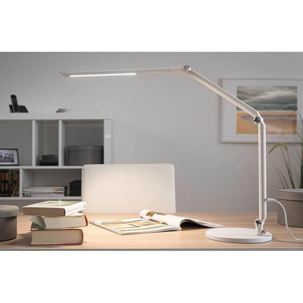 LED Schreibtischleuchte FlexBar in Weiß mit dimmbarem Licht, ideal für Arbeitsplätze und Studium.