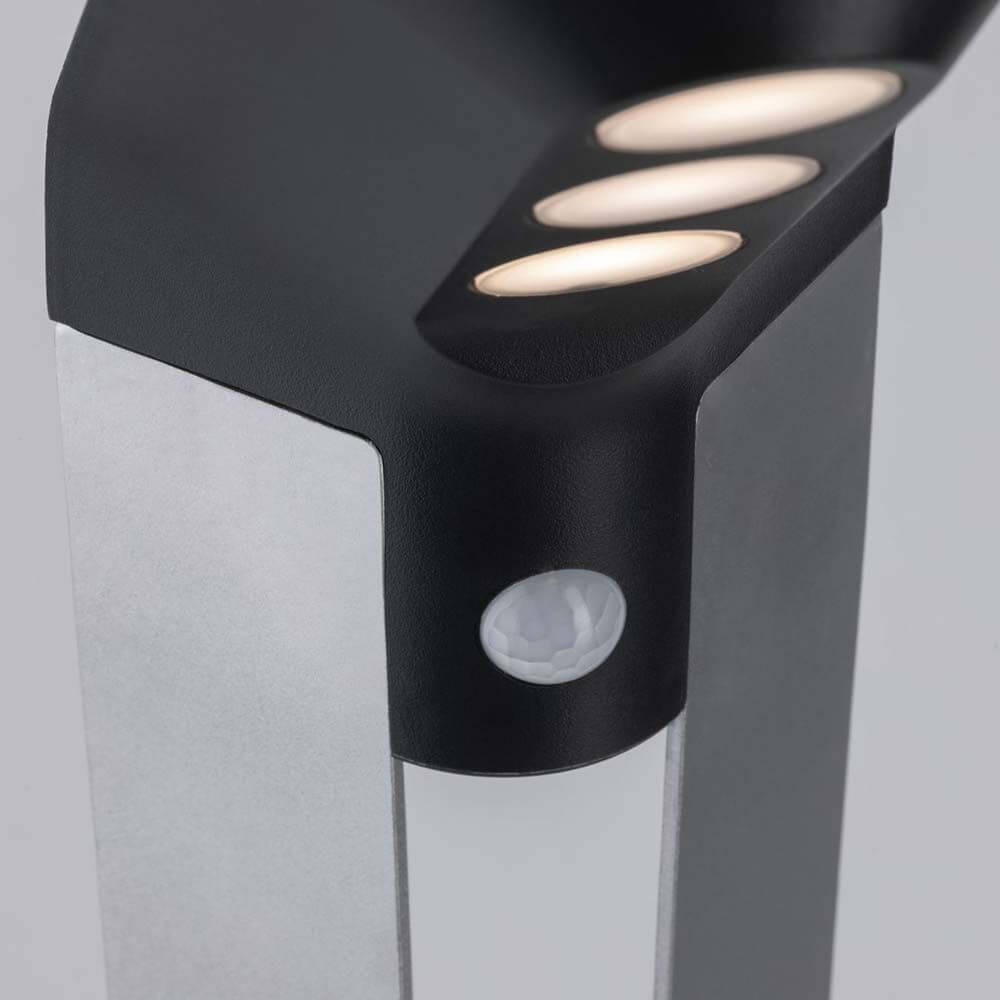 LED Solar Pollerleuchte Soley in Anthrazit mit Sensor und drei Lichtquellen, ideal für Wegebeleuchtung.