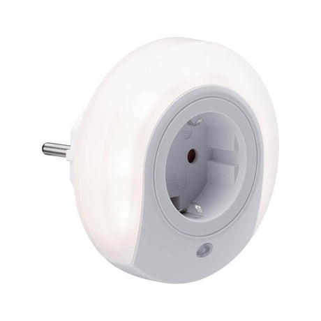 LED Steckerlicht Bilby rund mit Sensor 3000K Weiß in Rundform mit integrierter Steckdose, ideal für Schlaf- und Kinderzimmer.