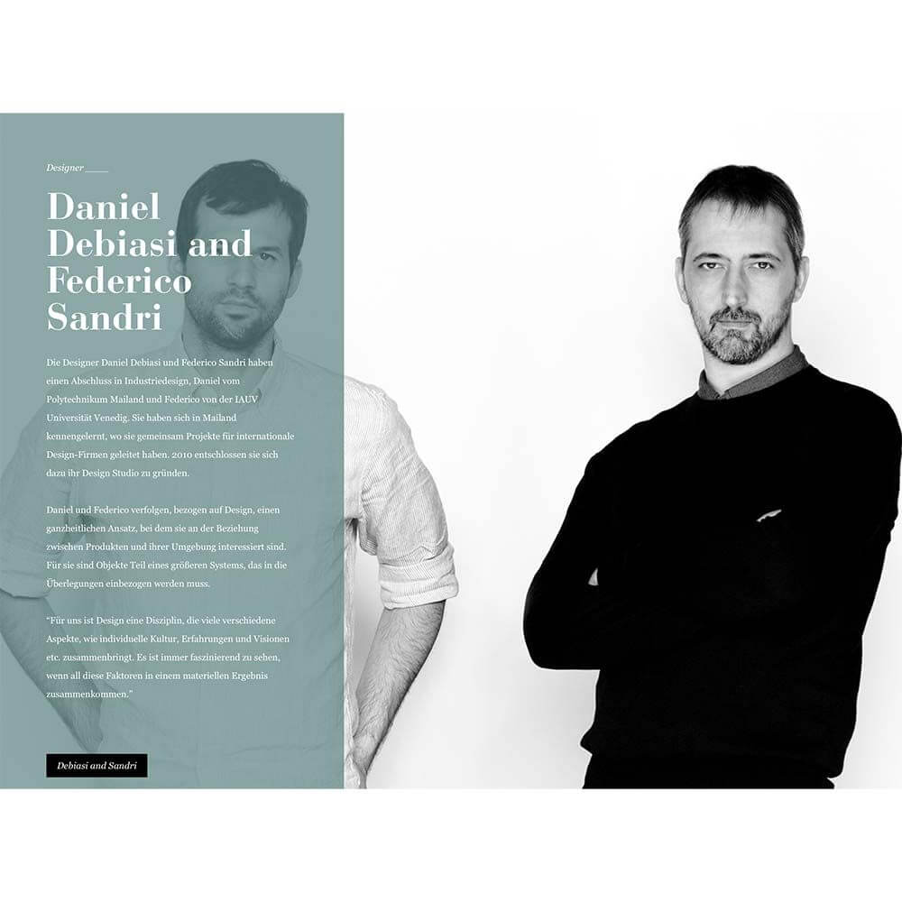 Portrait von Daniel Debiasi und Federico Sandri, Designern der LED Dreibeinleuchte Stage.