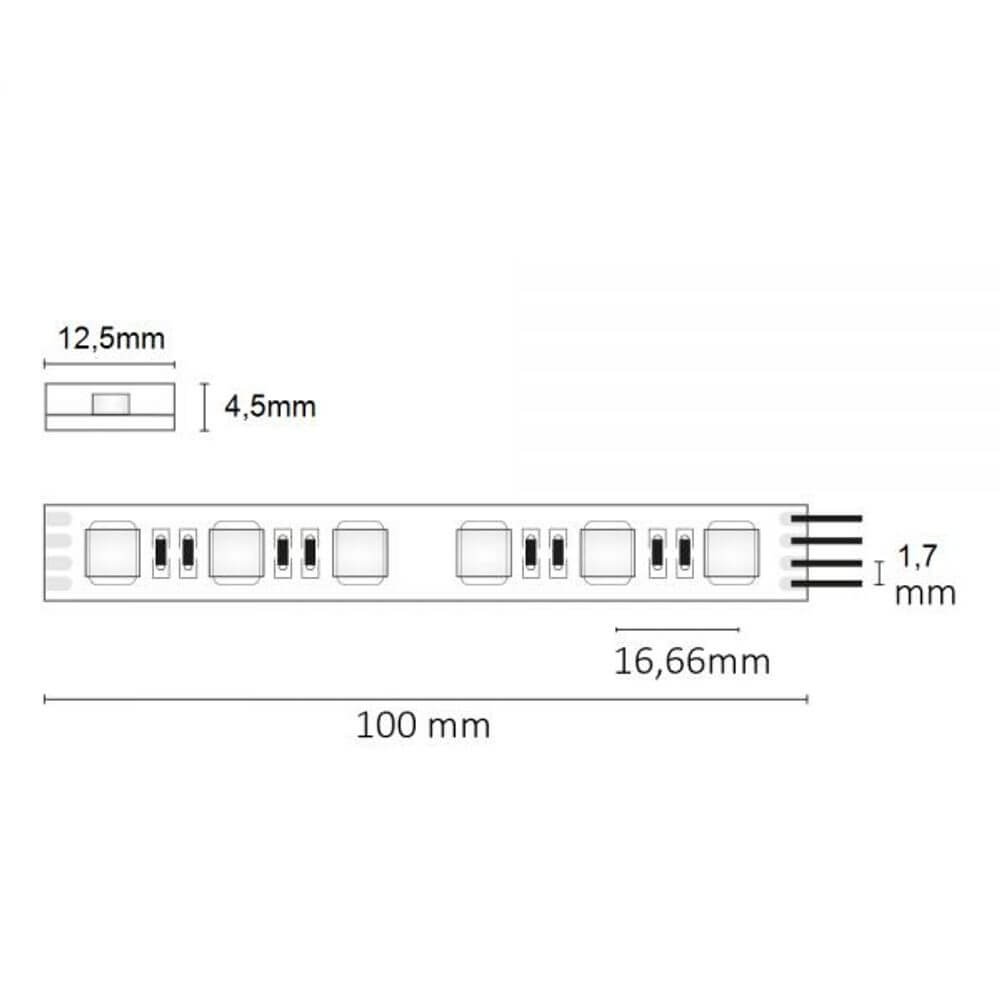 Technische Zeichnung der LED Strip Aqua 5m: Abmessungen 100mm x 12,5mm, Chipabstand 16,66mm, Anschlussdetails.