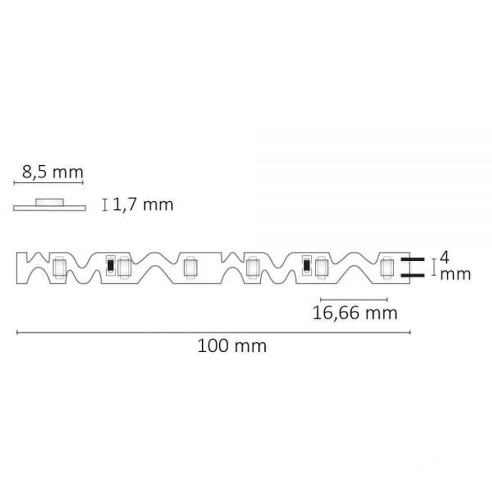 Technische Zeichnung eines flexiblen LED-Streifens mit Maßen: 8,5 mm breit, 16,66 mm knickbar.