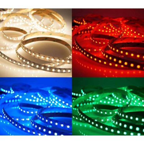 LED-Bande RGBW 4000K 24V 36W 5m IP20 en différentes couleurs : rouge, bleu, vert, blanc.