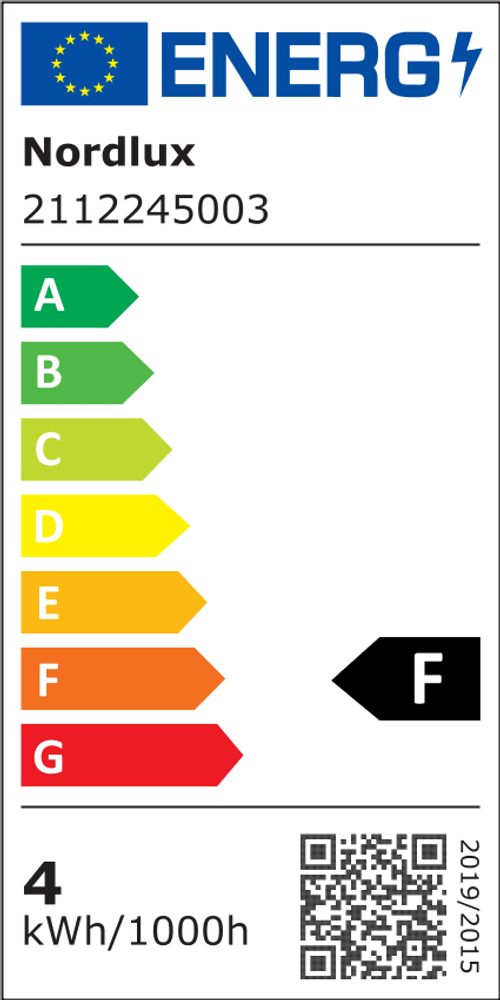 Energieeffizienzlabel für LED Tischlampe Omari von Nordlux, zeigt Verbrauch und Kategorie F.