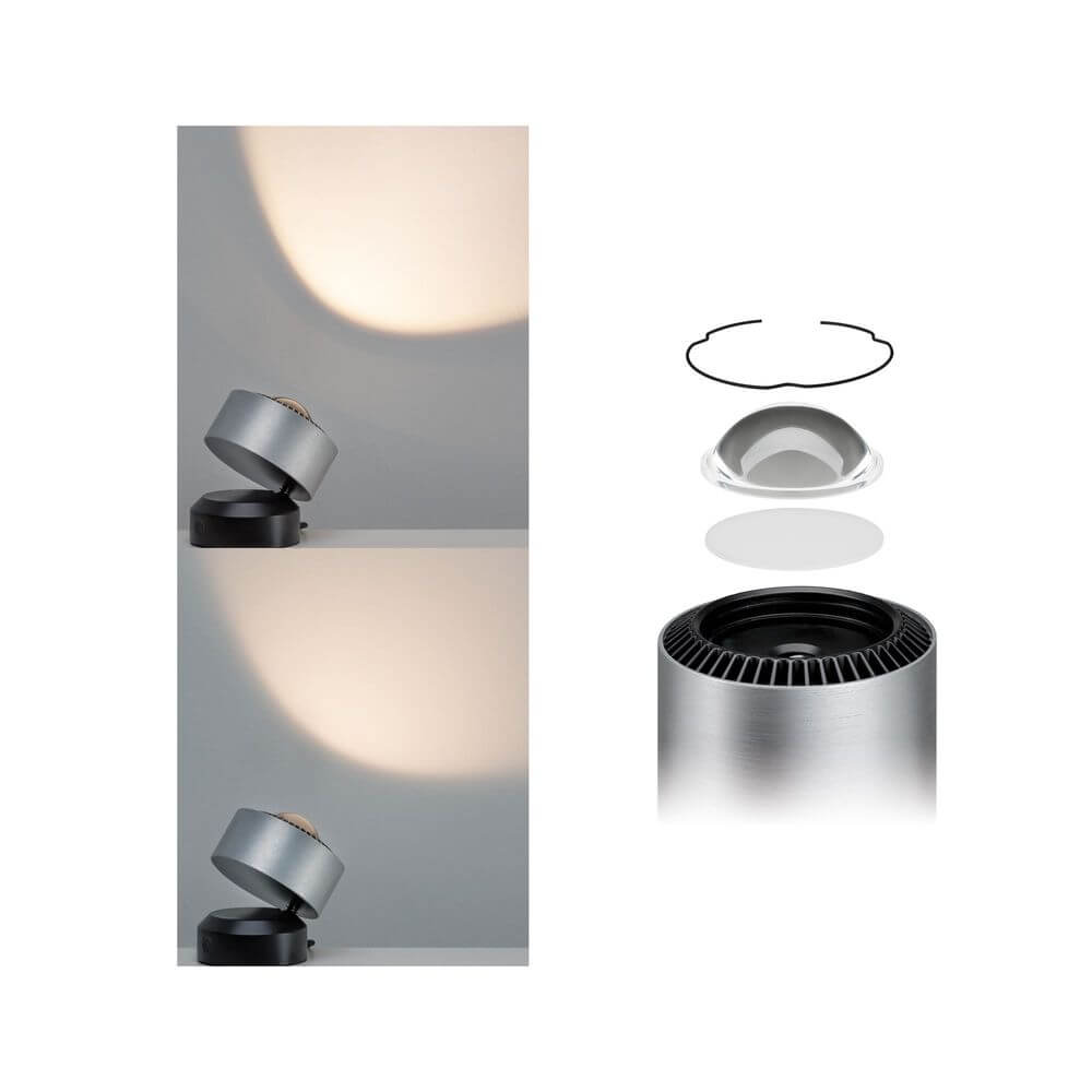 LED Tischleuchte Aldan 3, 5W mit kippbarem Fuß und Stoffkabel, ideal für indirekte Lichteffekte.