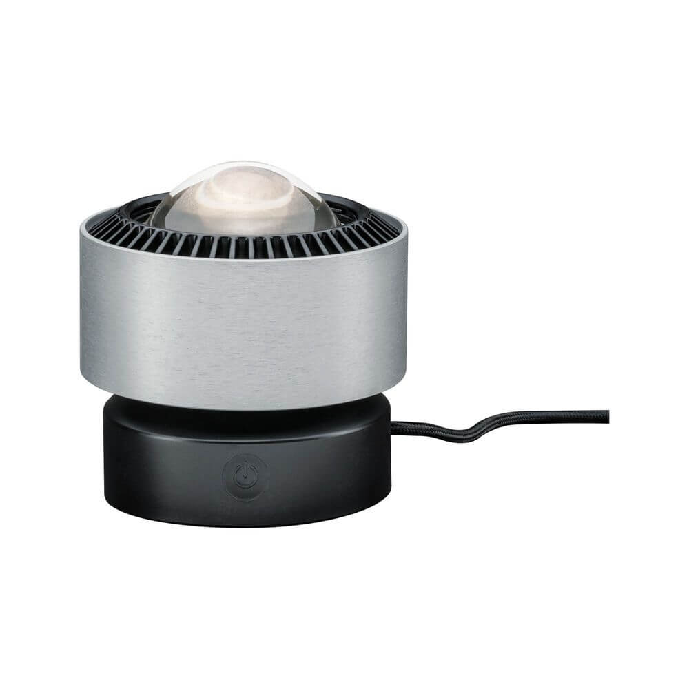 LED Tischleuchte Aldan 3, 5W mit kippbarem Fuß und Stoffkabel, ideal für indirekte Lichteffekte.