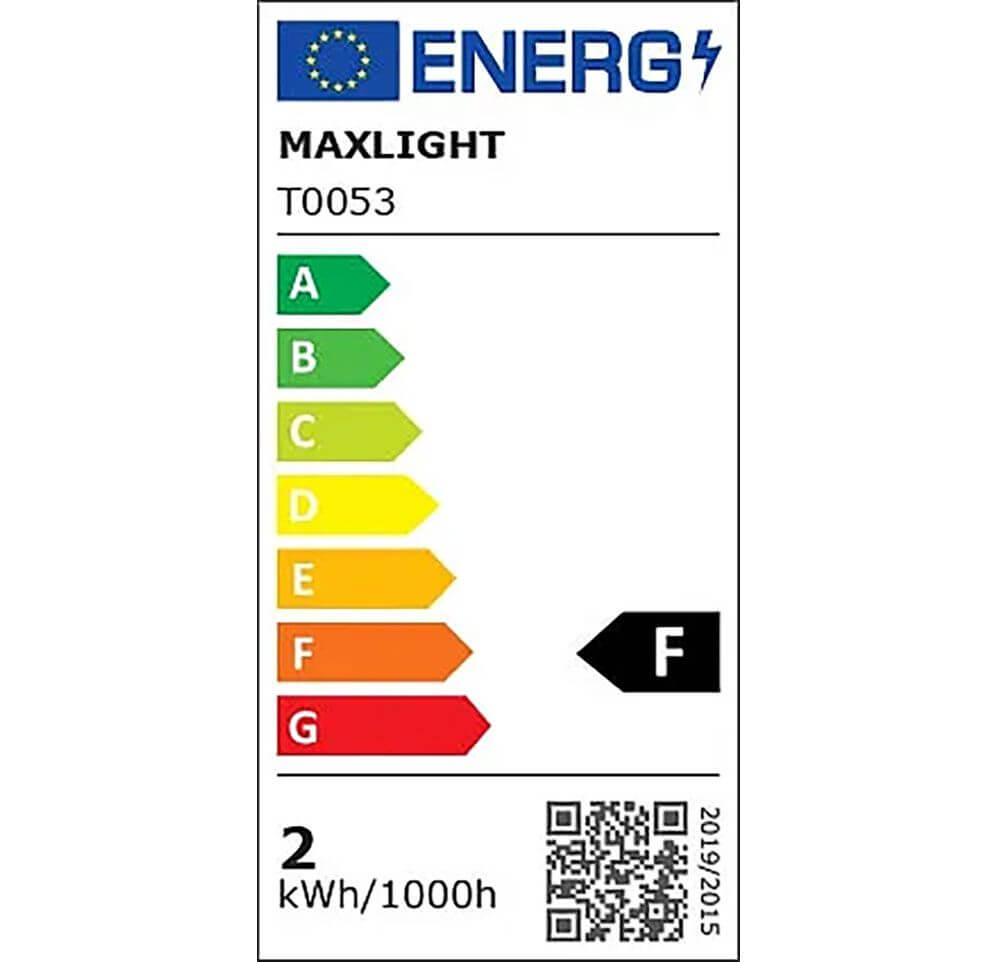 Energieverbrauchslabel für Maxlight LED Tischleuchte Enigma 3000K, Energieklasse F, 2 kWh/1000h.