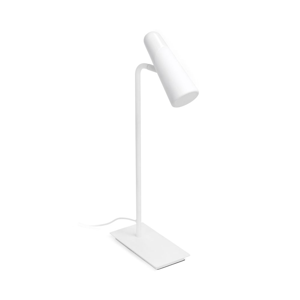 LED Tischleuchte LAO Weiß auf einem Tisch, modernes Design in Weiß.