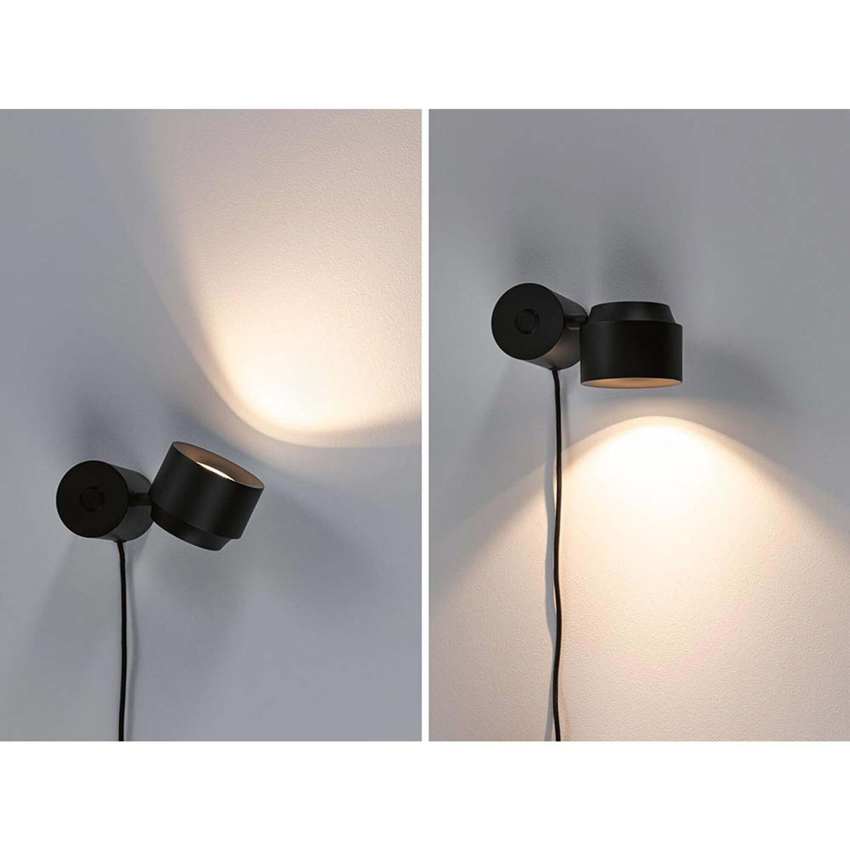 LED Wand- & Tischleuchte Puric Pane mit Touch-Dimmer Schwarz in zwei Positionen an der Wand.