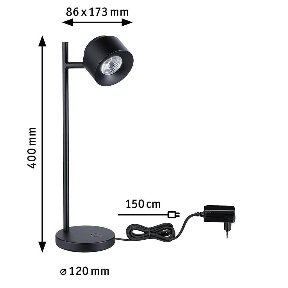 LED Tischleuchte Puric Pane Touch-Dimmer Schwarz mit Abmessungen und Kabeldesign