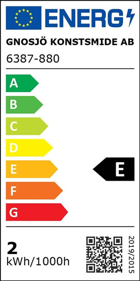 Energieeffizienzlabel für Gnosjö Konstsmide AB, zeigt Energieklasse E und Verbrauch von 2 kWh/1000h.