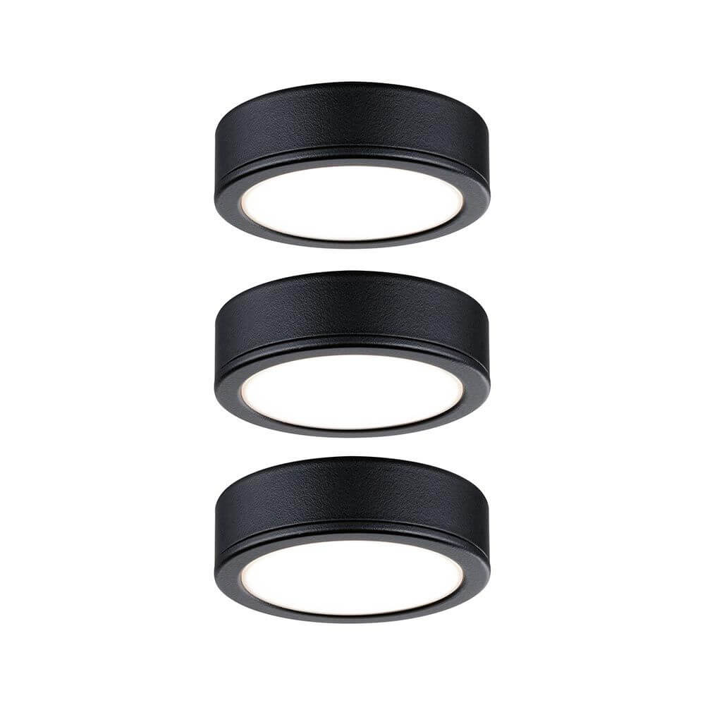 Drei schwarze LED Unterschrankleuchten Pukk Rund 6,5cm im Set für Schränke und Regale