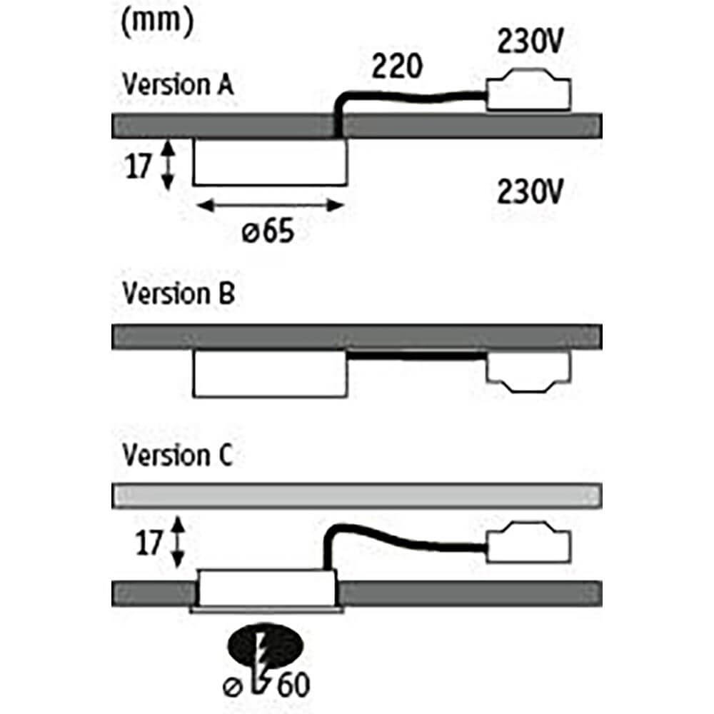 LED Unterschrankleuchte Pukk Rund 6,5cm Weiß Installationsdiagramm für verschiedene Versionen.