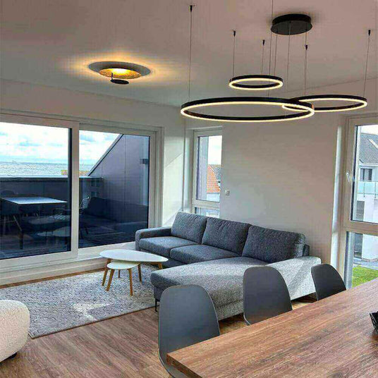 Moderna s.luce LED vägg- och taklampa Plate i stilfullt vardagsrum med öppen planlösning.