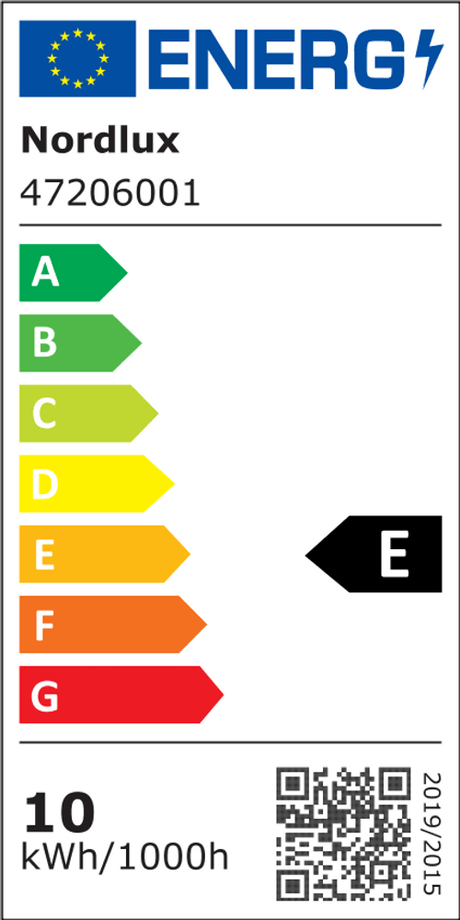 Energieeffizienzlabel für Nordlux 47206001 mit E-Klasse und 10 kWh/1000h Verbrauch.