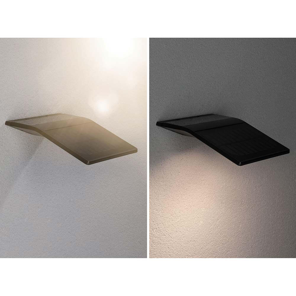 LED Wand-Solarleuchte Yoko mit Sensor IP44 3000K Anthrazit zeigt die elegante Wandmontage und Lichteffekte.