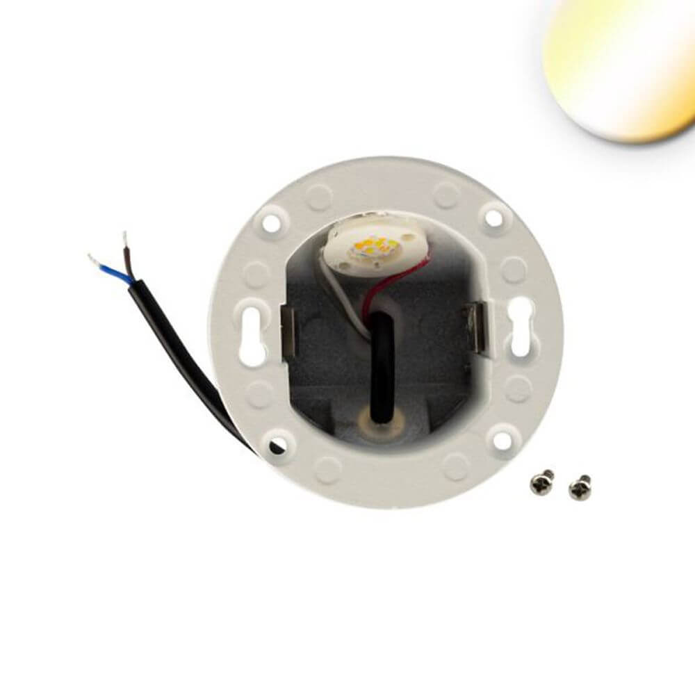 LED-Wandeinbaustrahler Sys-Wall 68 LED-Modul für Unterputzdose - Ansicht der Rückseite mit Kabeln und Montagebohrungen.