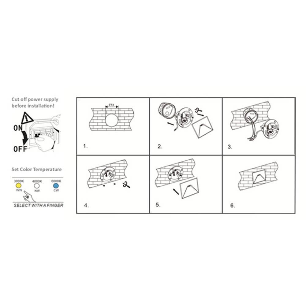 Installationsanleitung für LED-Wandeinbaustrahler Sys-Wall 68 LED-Modul für Unterputzdose mit Einstelloptionen.