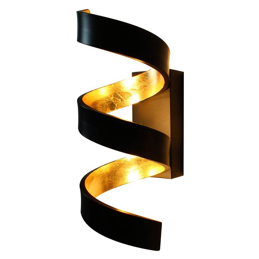 LED Wandlampe Helix Goldfarben, Schwarz mit spiralförmigem Design und indirektem Licht.
