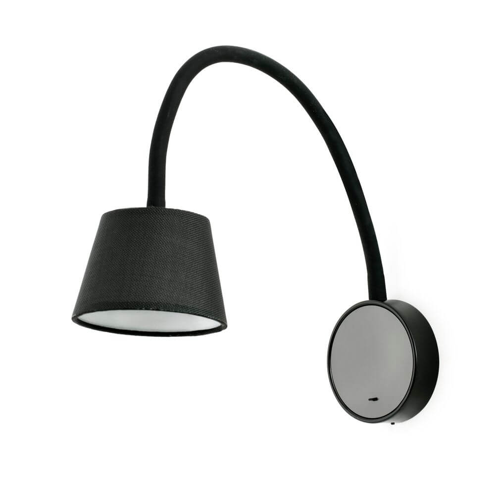 LED Lesewandleuchte BLOME Schwarz mit schwarzem Schirm und flexibler Arm-Montage.