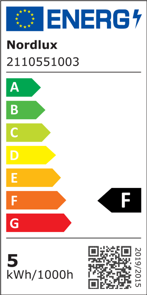 Energieeffizienzklasse F für LED Wandleuchte Curtiz von Nordlux mit Verbrauch von 5 kWh/1000h.