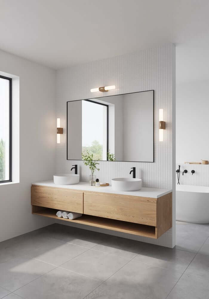 LED Wandleuchte Helva Double Basic IP44 in modernem Badezimmer mit Doppelwaschtisch.