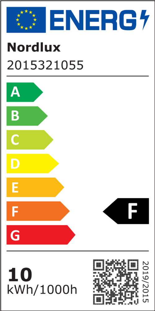 Energielabel von Nordlux für LED Wandleuchte Helva Double IP44 mit Klassifizierung F und Verbrauch von 10 kWh/1000h.